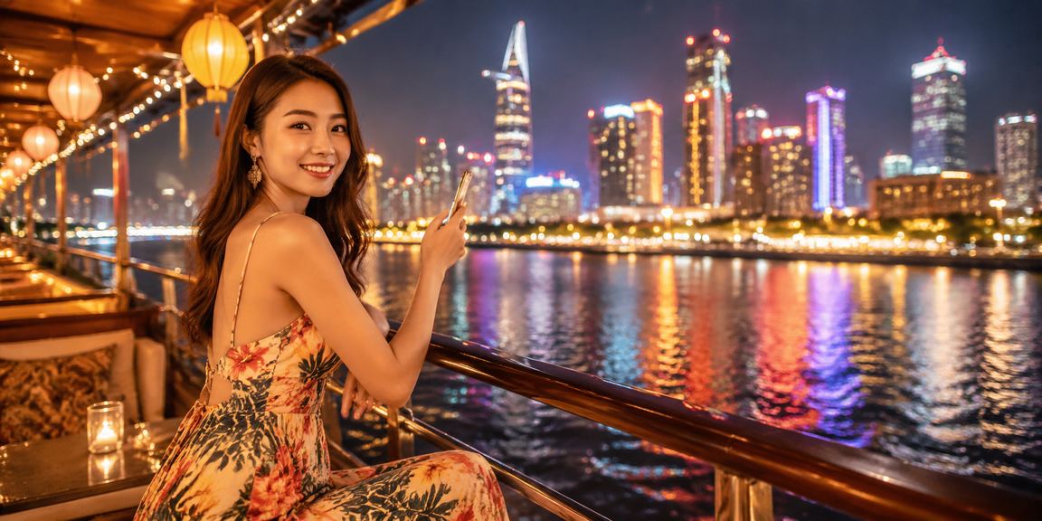 Người dùng đăng nhập qi2 trên điện thoại tại chợ đêm Hồ Chí Minh