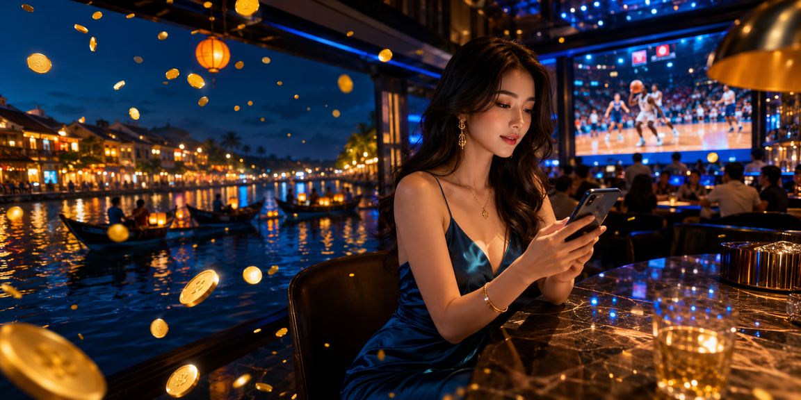 Người dùng tại Hội An theo dõi kèo bóng rổ quốc tế trên điện thoại trong không gian cổ kính phố Hội